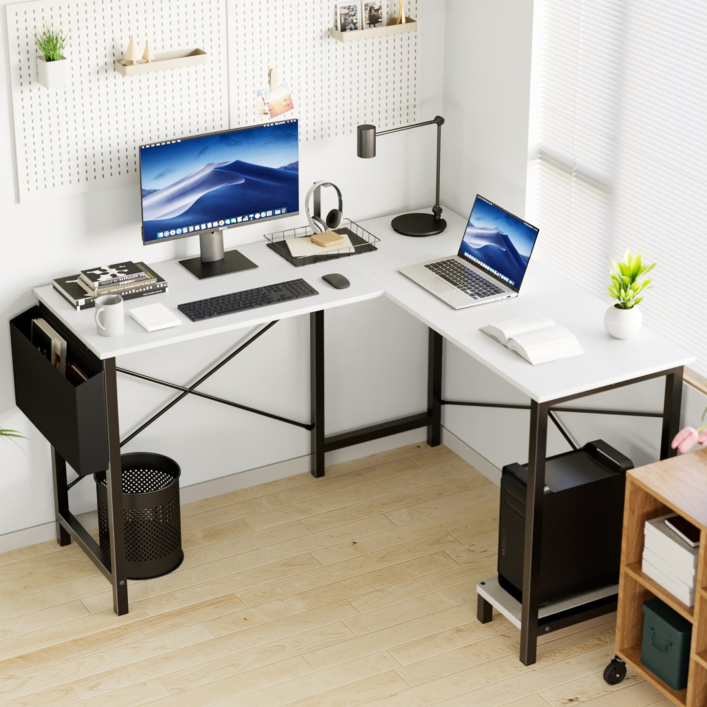L-Shaped Computer Desk with Dual Monitor Support & Metal Frame