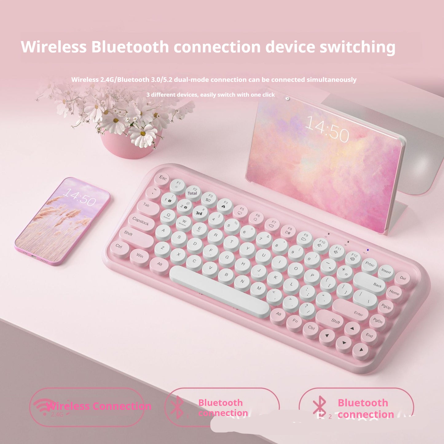 Dual-Mode Wireless Bluetooth Portable Keyboard with Silent Keys