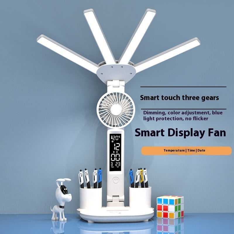 3-in-1 Multifunction LED Desk Lamp – Folding Desk Light with Fan, Clock Display & USB Charging