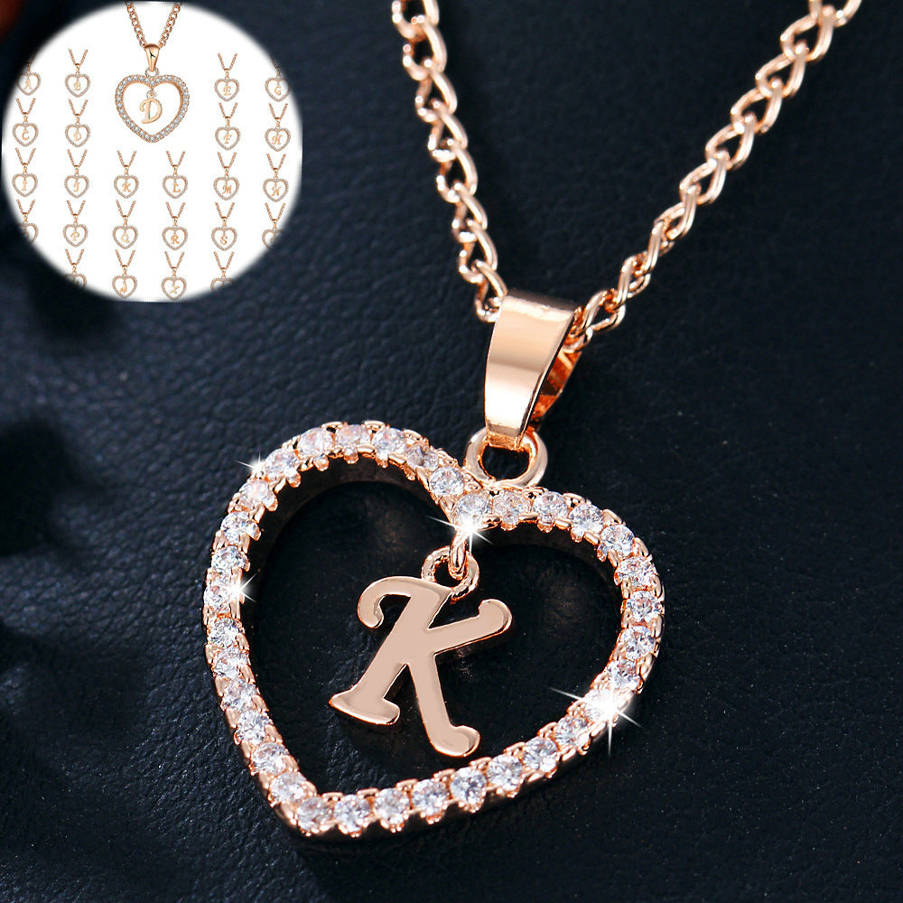 Alphabet Heart Zircon Pendant Necklace – Stainless Steel & Alloy Chain Jewelry