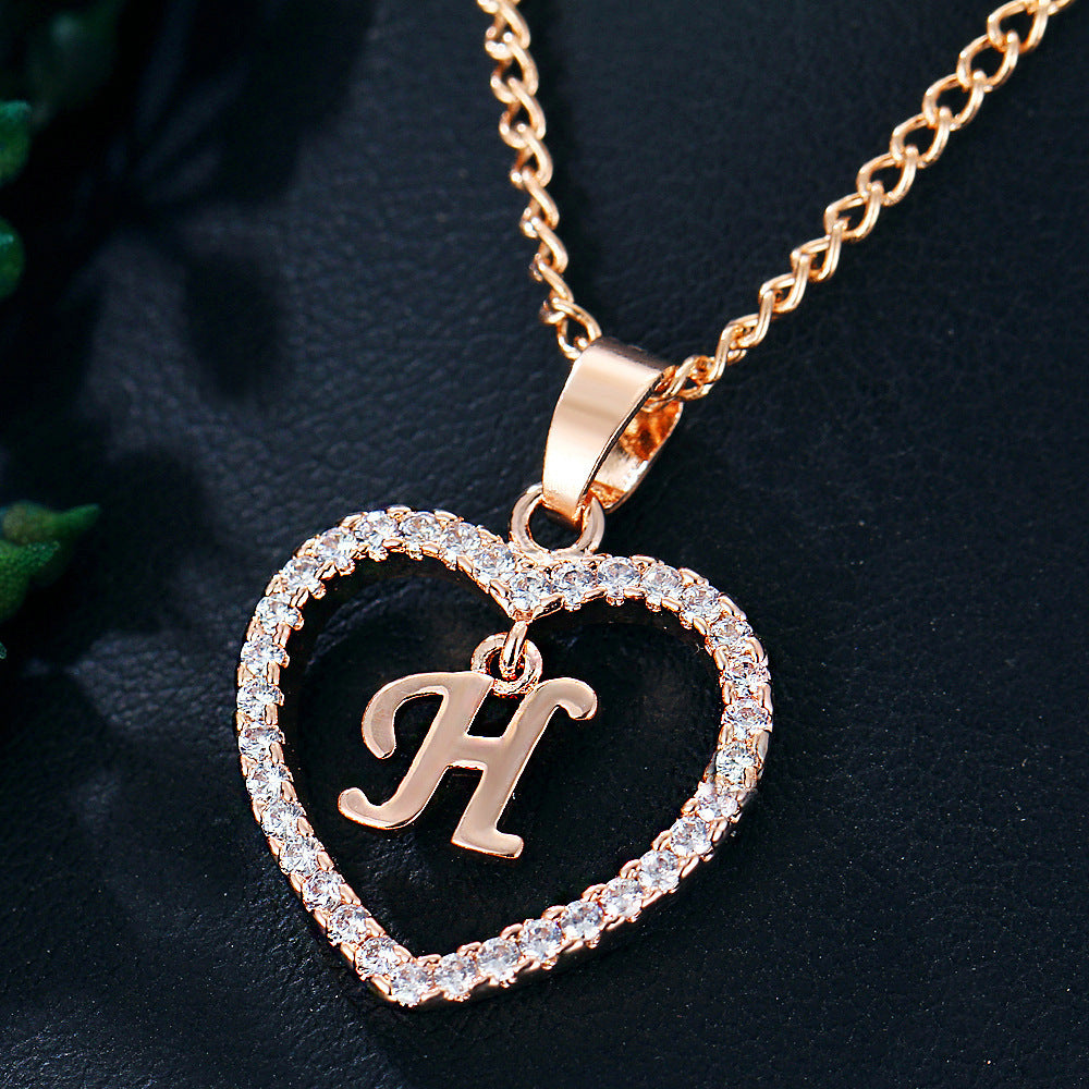 Alphabet Heart Zircon Pendant Necklace – Stainless Steel & Alloy Chain Jewelry