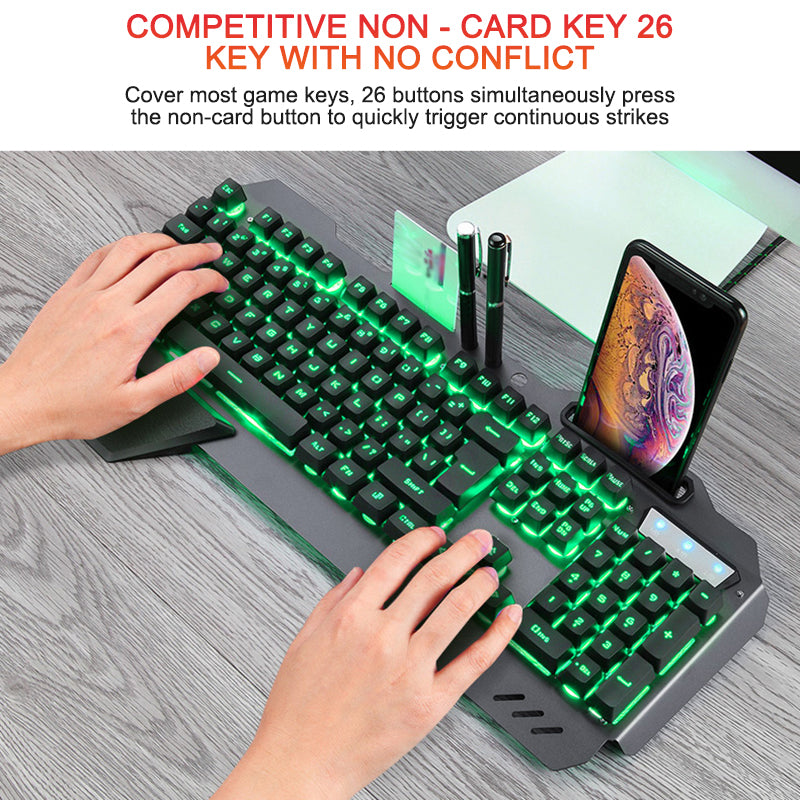 Ergonomic RGB Wired Gaming Keyboard with Built-In Phone & Accessory Holder