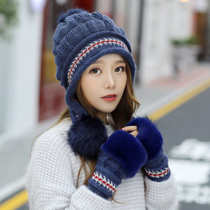 Knit Fleece-Feel Beanie with Ear Flaps & Pompom – Warm Winter Hat