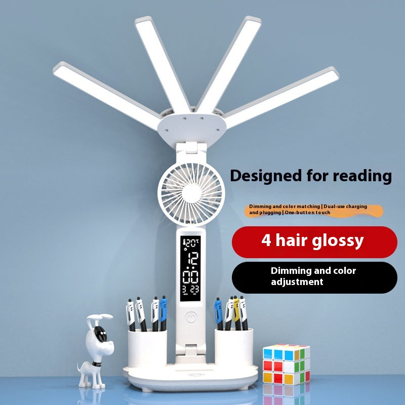 3-in-1 Multifunction LED Desk Lamp – Folding Desk Light with Fan, Clock Display & USB Charging