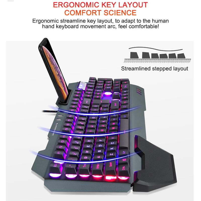 Ergonomic RGB Wired Gaming Keyboard with Built-In Phone & Accessory Holder