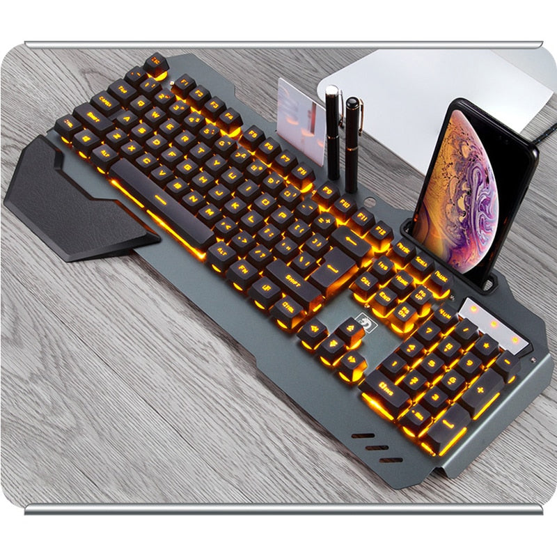 Ergonomic RGB Wired Gaming Keyboard with Built-In Phone & Accessory Holder