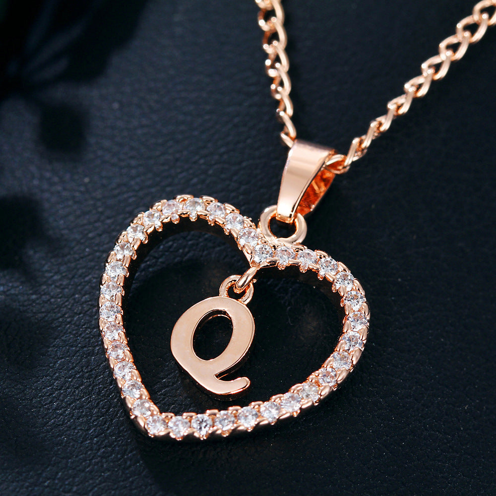 Alphabet Heart Zircon Pendant Necklace – Stainless Steel & Alloy Chain Jewelry