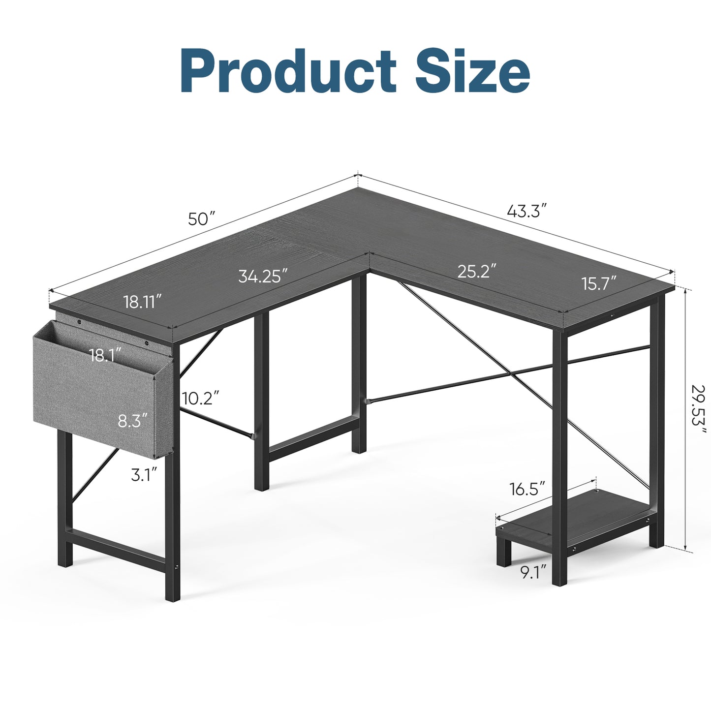 L-Shaped Computer Desk with Dual Monitor Support & Metal Frame