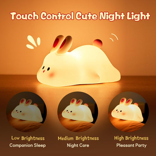 Cute Rabbit LED Night Light – Touch Sensor Silicone Bunny Lamp, USB Rechargeable Kids Bedside Lamp, Soft Dimmable Cartoon Night Light for Bedroom Decor