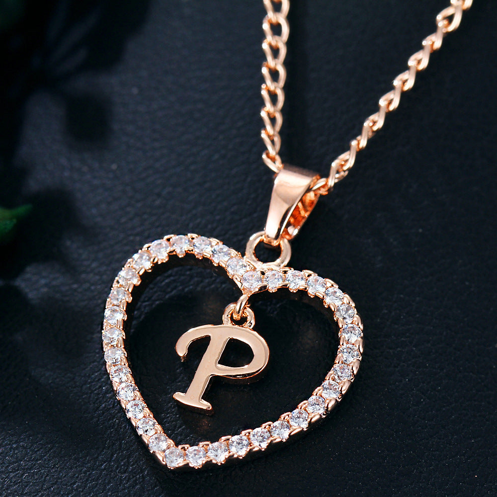 Alphabet Heart Zircon Pendant Necklace – Stainless Steel & Alloy Chain Jewelry
