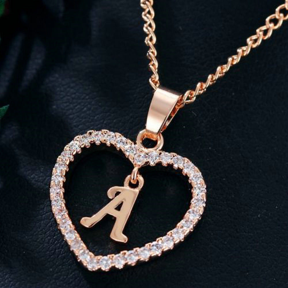 Alphabet Heart Zircon Pendant Necklace – Stainless Steel & Alloy Chain Jewelry