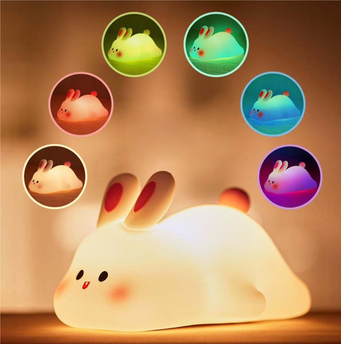Cute Rabbit LED Night Light – Touch Sensor Silicone Bunny Lamp, USB Rechargeable Kids Bedside Lamp, Soft Dimmable Cartoon Night Light for Bedroom Decor