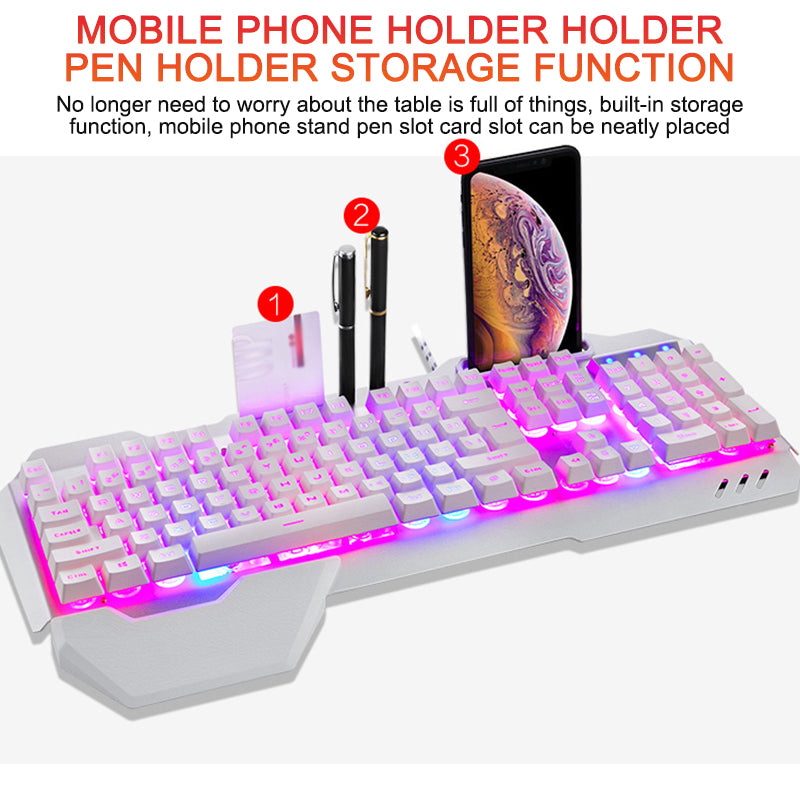Ergonomic RGB Wired Gaming Keyboard with Built-In Phone & Accessory Holder