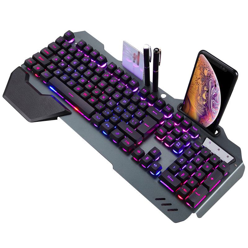 Ergonomic RGB Wired Gaming Keyboard with Built-In Phone & Accessory Holder