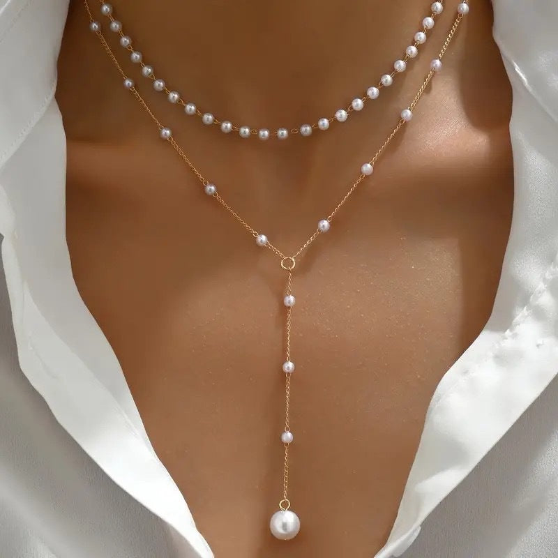 Double Layer Twin Pearl Necklace – Alloy Chain Statement Jewelry