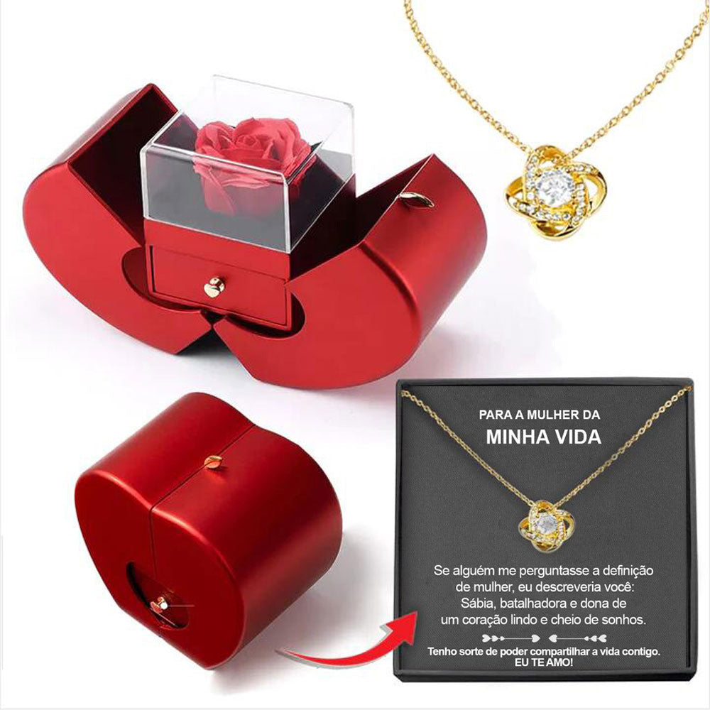 Apple-Shaped Eternal Rose & Necklace Gift Box – Heart Pendant with Soap Flower