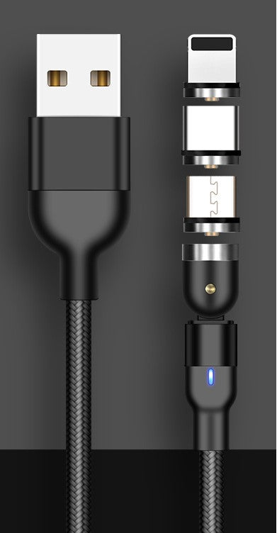 540° Rotating Magnetic Charging Cable – 3-in-1 Fast Charge Phone Cable for iPhone, Android & Type-C Devices
