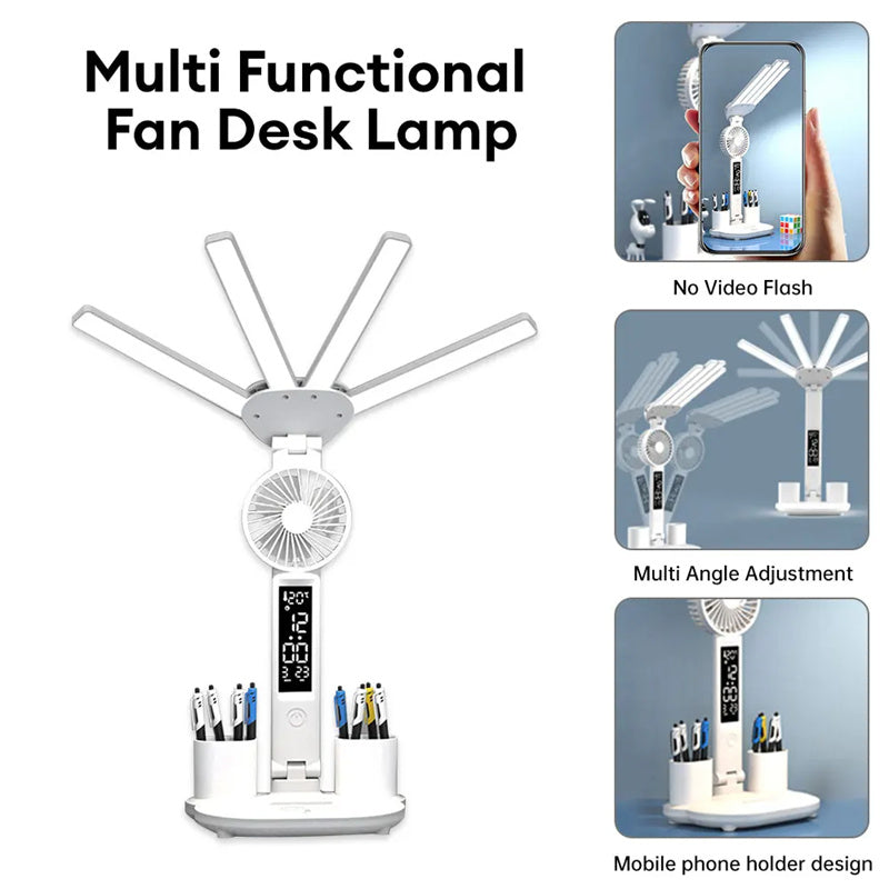 3-in-1 Multifunction LED Desk Lamp – Folding Desk Light with Fan, Clock Display & USB Charging