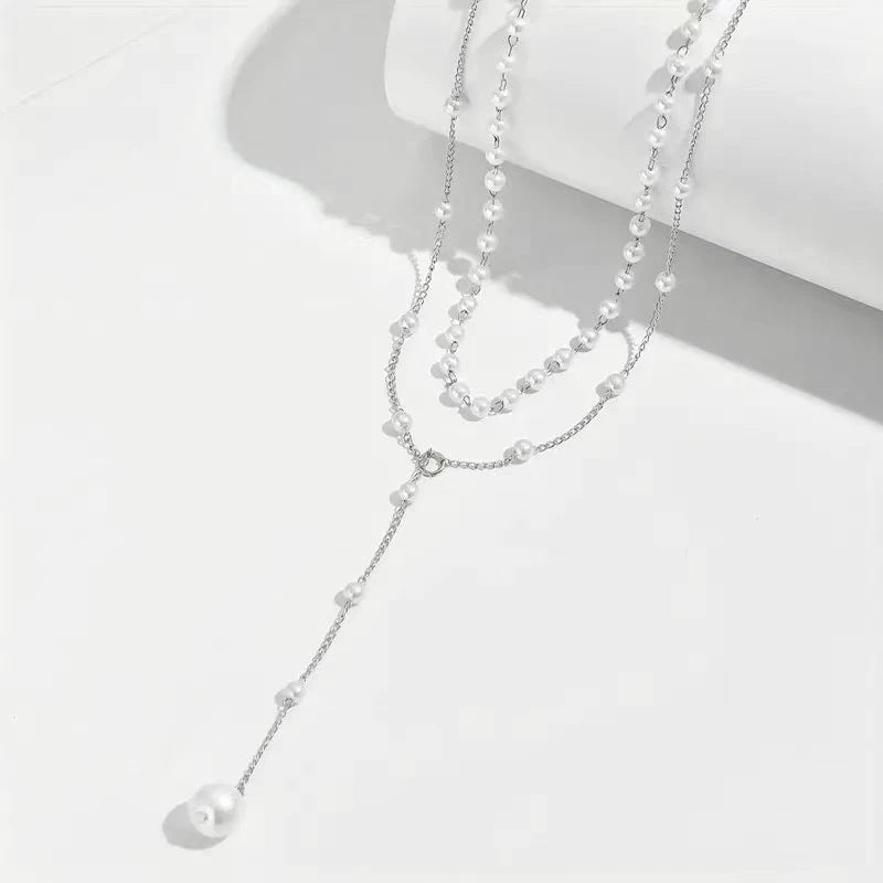 Double Layer Twin Pearl Necklace – Alloy Chain Statement Jewelry