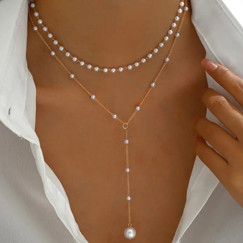 Double Layer Twin Pearl Necklace – Alloy Chain Statement Jewelry