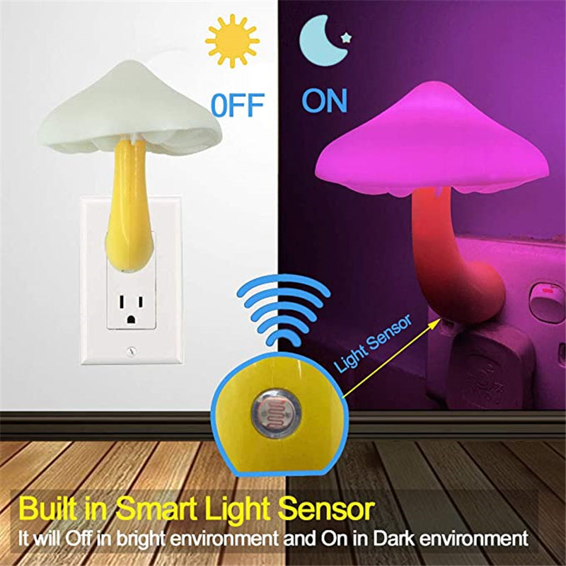 LED Mushroom Night Light with Smart Sensor – Plug-In Dusk to Dawn Wall Lamp Warm White Bedroom Ambient Lighting Decor