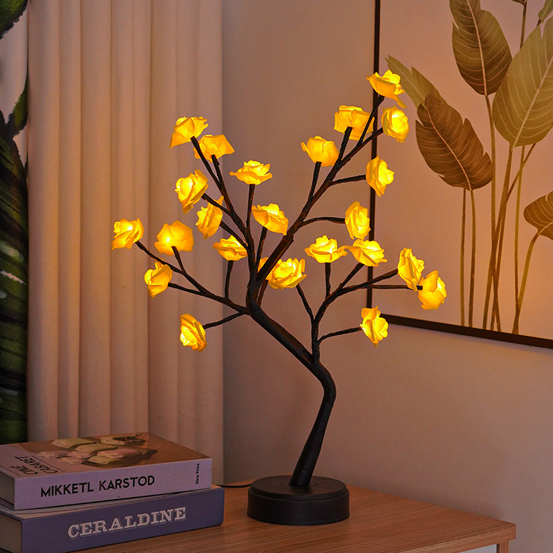 LED Rose Flower Tree Lamp – USB Fairy Light Bonsai Night Light with Adjustable Branches, Romantic Table Lamp for Bedroom, Wedding & Home Decor