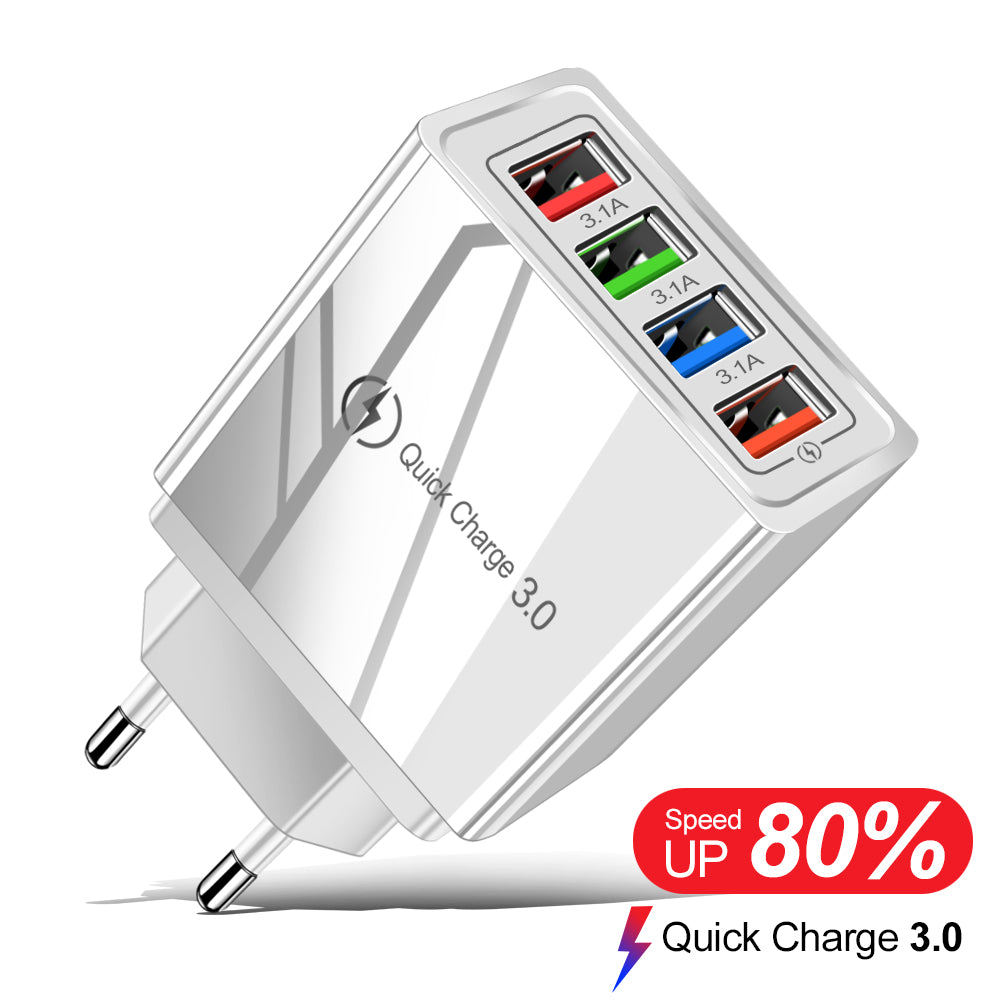 4-Port USB Wall Charger Quick Charge 3.0 – Fast Charging Multi Device Power Adapter for Phone, Tablet & Travel Use