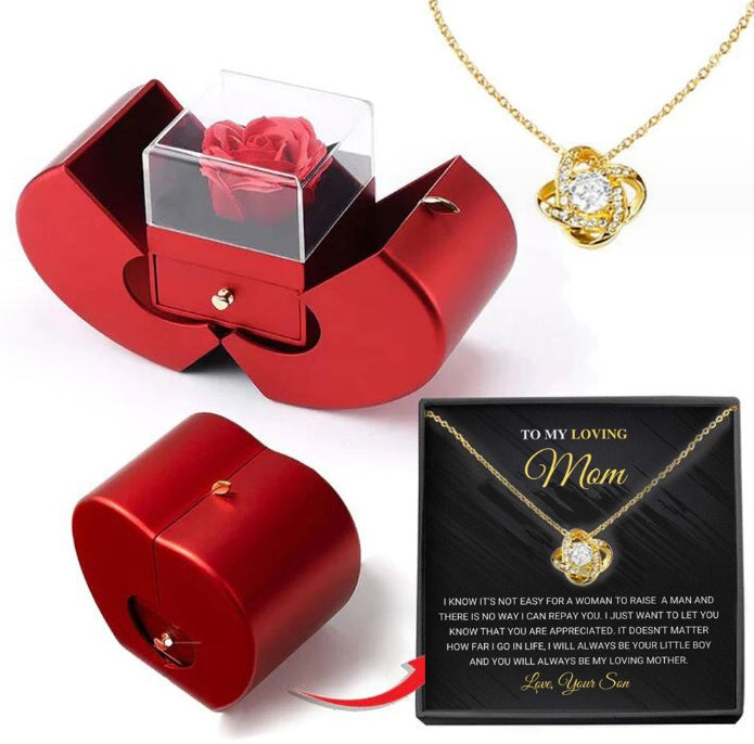 Apple-Shaped Eternal Rose & Necklace Gift Box – Heart Pendant with Soap Flower