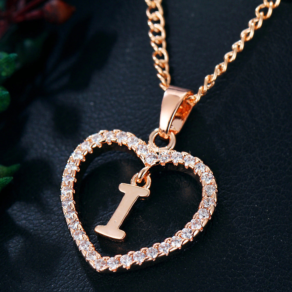 Alphabet Heart Zircon Pendant Necklace – Stainless Steel & Alloy Chain Jewelry