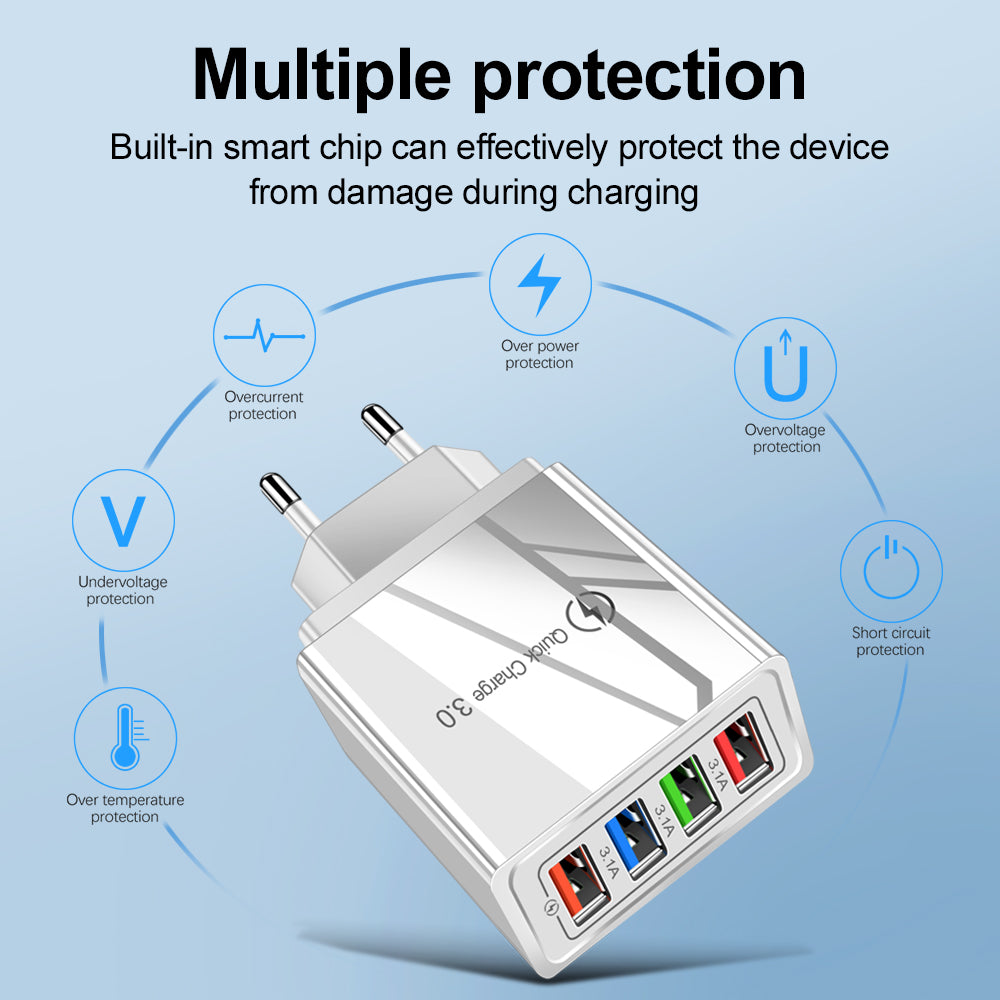 4-Port USB Wall Charger Quick Charge 3.0 – Fast Charging Multi Device Power Adapter for Phone, Tablet & Travel Use