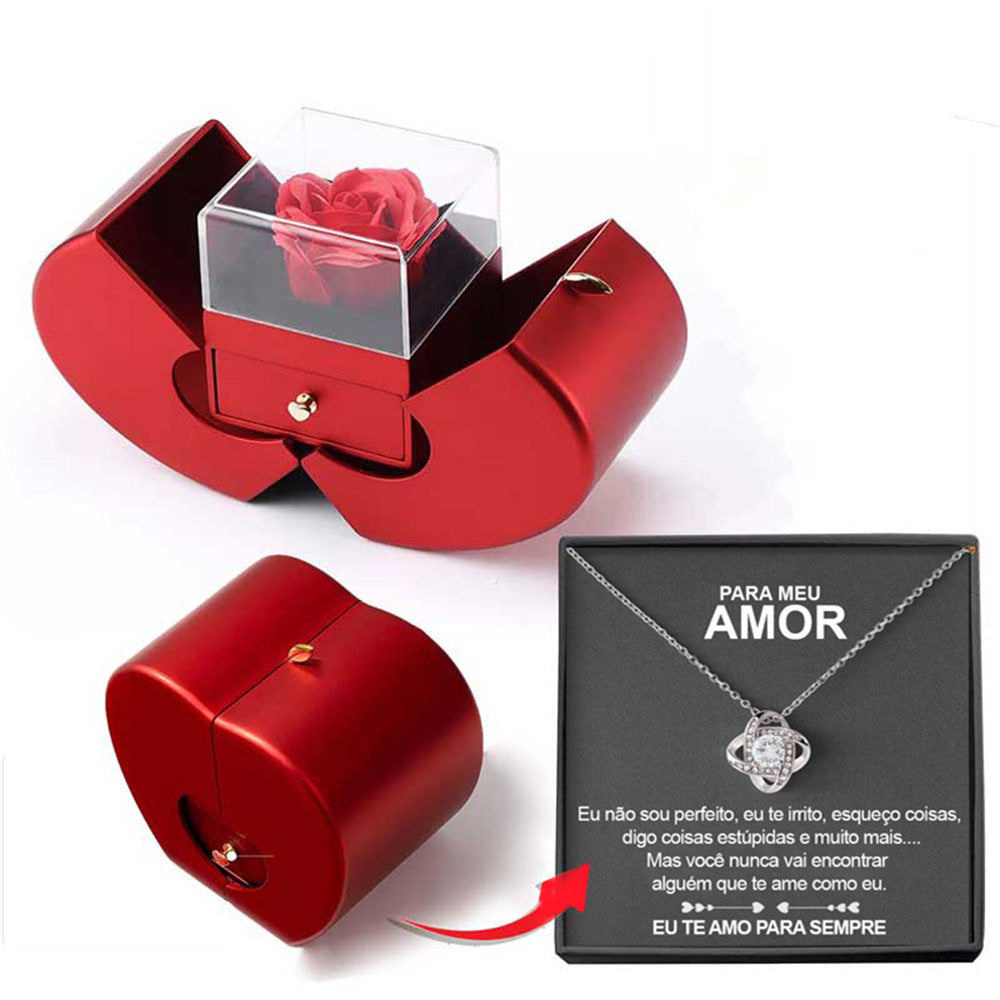 Apple-Shaped Eternal Rose & Necklace Gift Box – Heart Pendant with Soap Flower