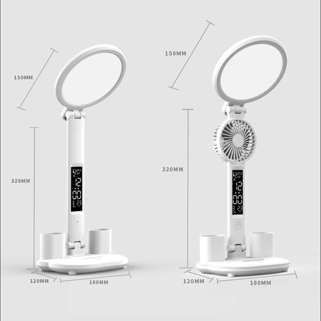 Foldable LED Desk Lamp with Clock and Pen Holder – USB Rechargeable Multifunction Office Light