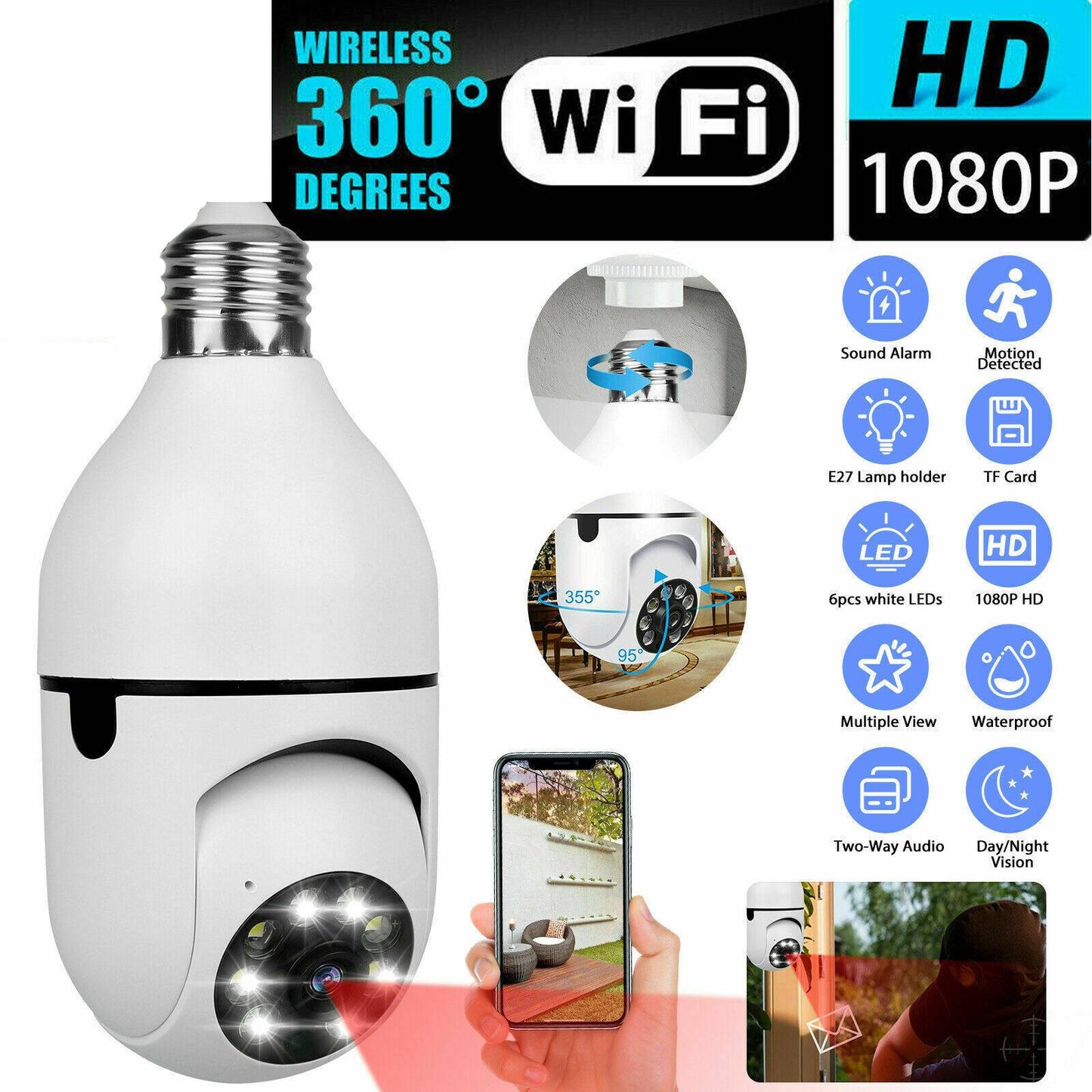 1080P Smart E27 Wi-Fi Light Bulb Camera — HD Home Security & Night Surveillance