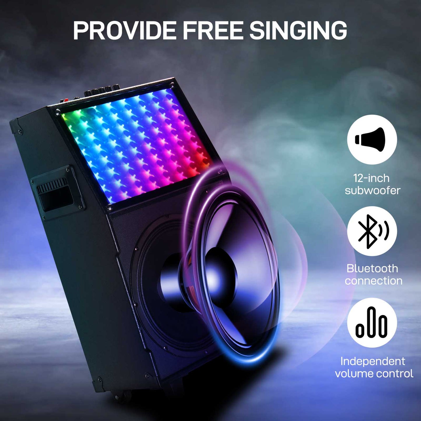 12in 60W LED Spectrum Bluetooth Rod Speaker – Portable Party Sound with Remote & Mics