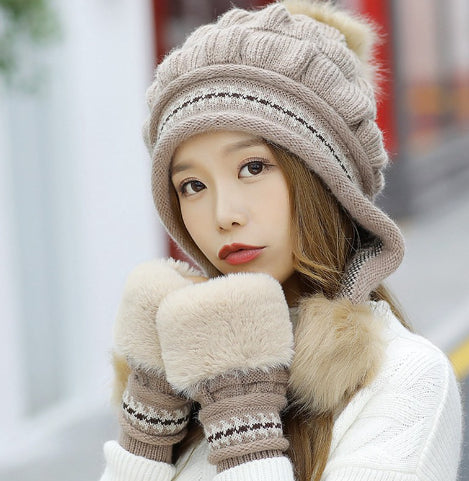Knit Fleece-Feel Beanie with Ear Flaps & Pompom – Warm Winter Hat