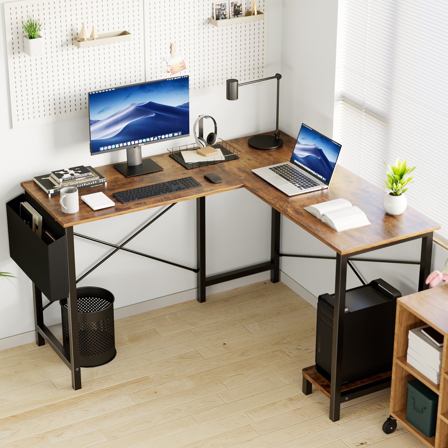 L-Shaped Computer Desk with Dual Monitor Support & Metal Frame