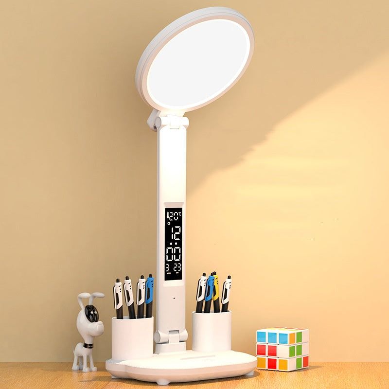 Foldable LED Desk Lamp with Clock and Pen Holder – USB Rechargeable Multifunction Office Light