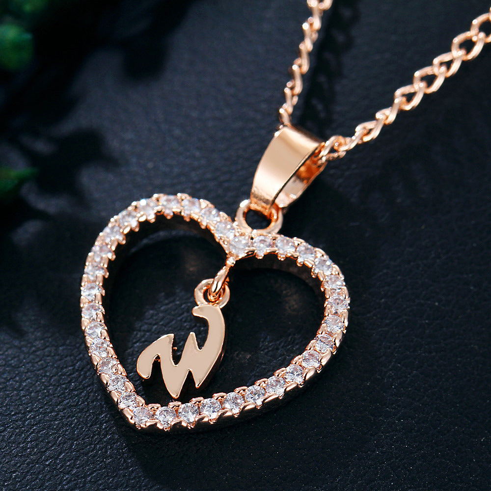Alphabet Heart Zircon Pendant Necklace – Stainless Steel & Alloy Chain Jewelry
