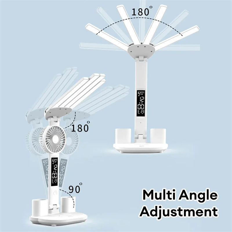 3-in-1 Multifunction LED Desk Lamp – Folding Desk Light with Fan, Clock Display & USB Charging