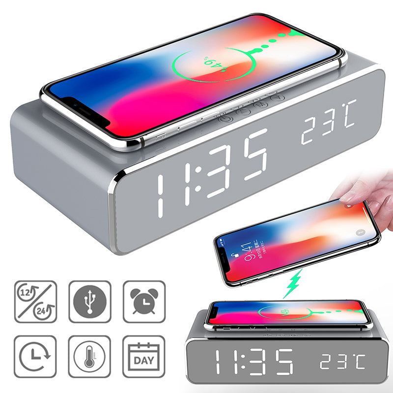 LED Mirror Alarm Clock with Wireless Charger & Temperature Display – Modern Digital Desk Clock with Snooze & HD Display