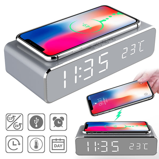 LED Mirror Alarm Clock with Wireless Charger & Temperature Display – Modern Digital Desk Clock with Snooze & HD Display