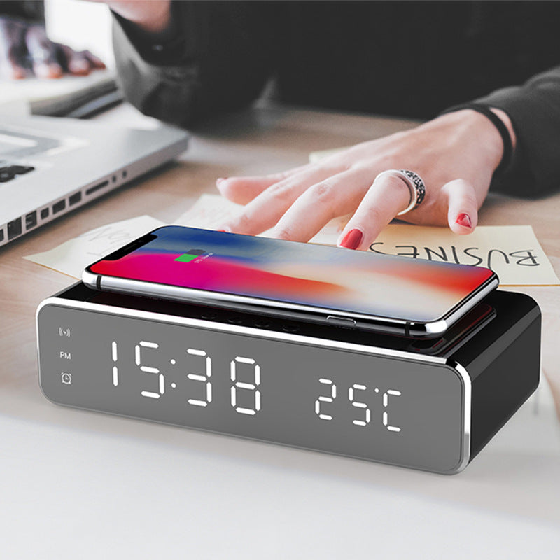 LED Mirror Alarm Clock with Wireless Charger & Temperature Display – Modern Digital Desk Clock with Snooze & HD Display