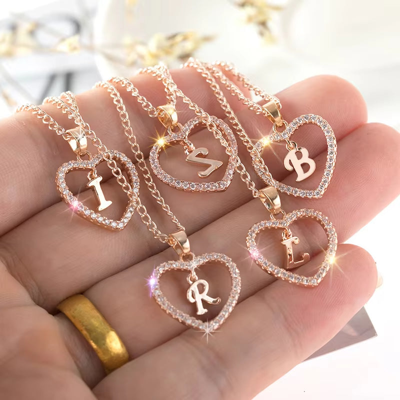 Alphabet Heart Zircon Pendant Necklace – Stainless Steel & Alloy Chain Jewelry