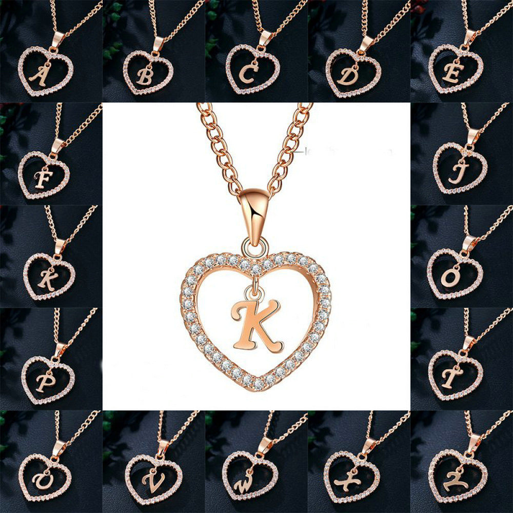 Alphabet Heart Zircon Pendant Necklace – Stainless Steel & Alloy Chain Jewelry