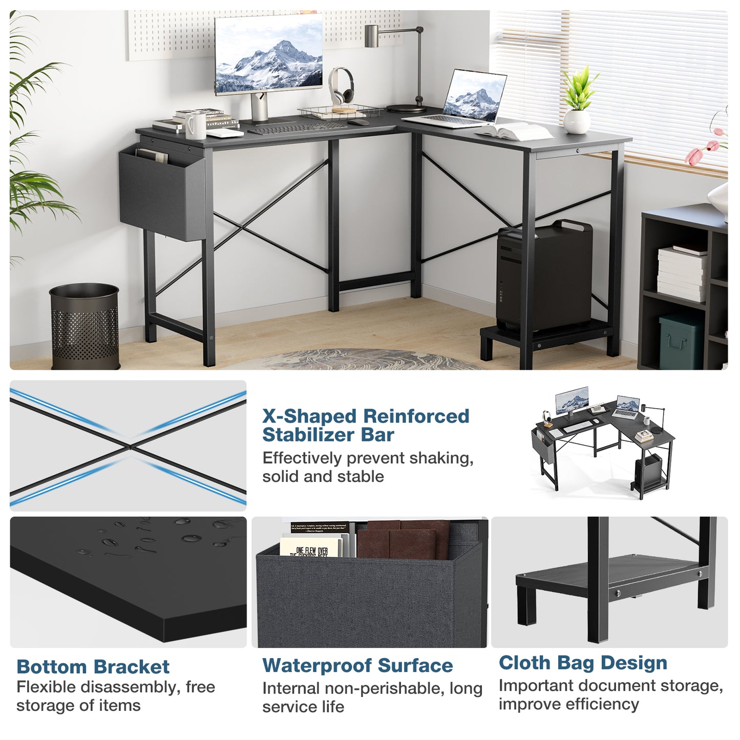 L-Shaped Computer Desk with Dual Monitor Support & Metal Frame