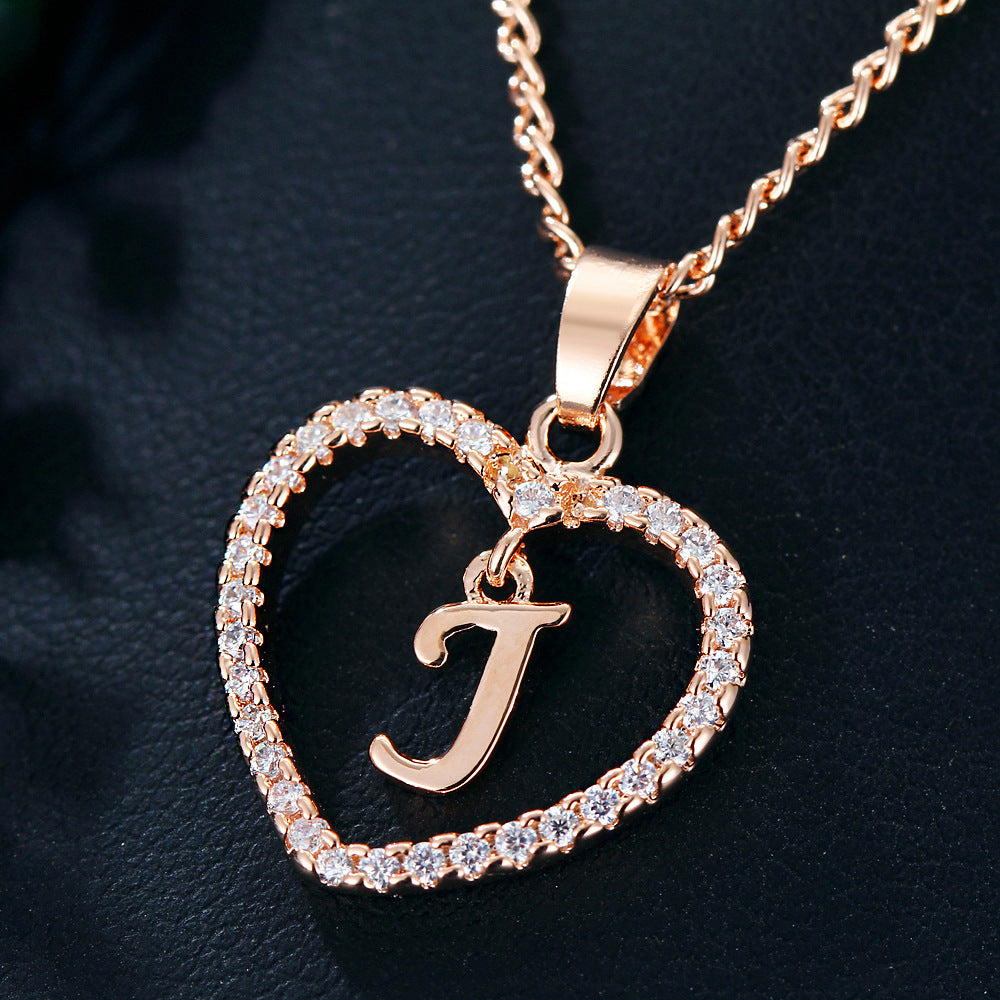 Alphabet Heart Zircon Pendant Necklace – Stainless Steel & Alloy Chain Jewelry