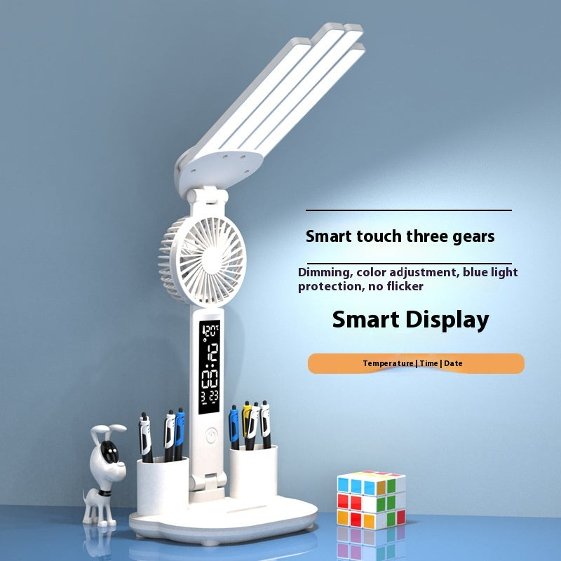 3-in-1 Multifunction LED Desk Lamp – Folding Desk Light with Fan, Clock Display & USB Charging