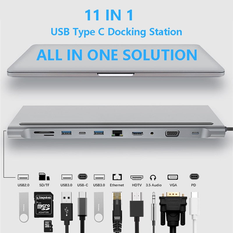 11-in-1 Laptop Hub Expansion Dock with USB 3.0, HDMI & SD Card Reader