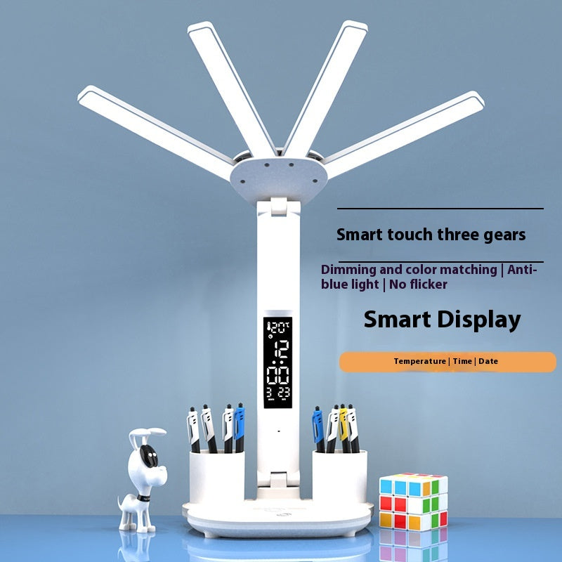 3-in-1 Multifunction LED Desk Lamp – Folding Desk Light with Fan, Clock Display & USB Charging