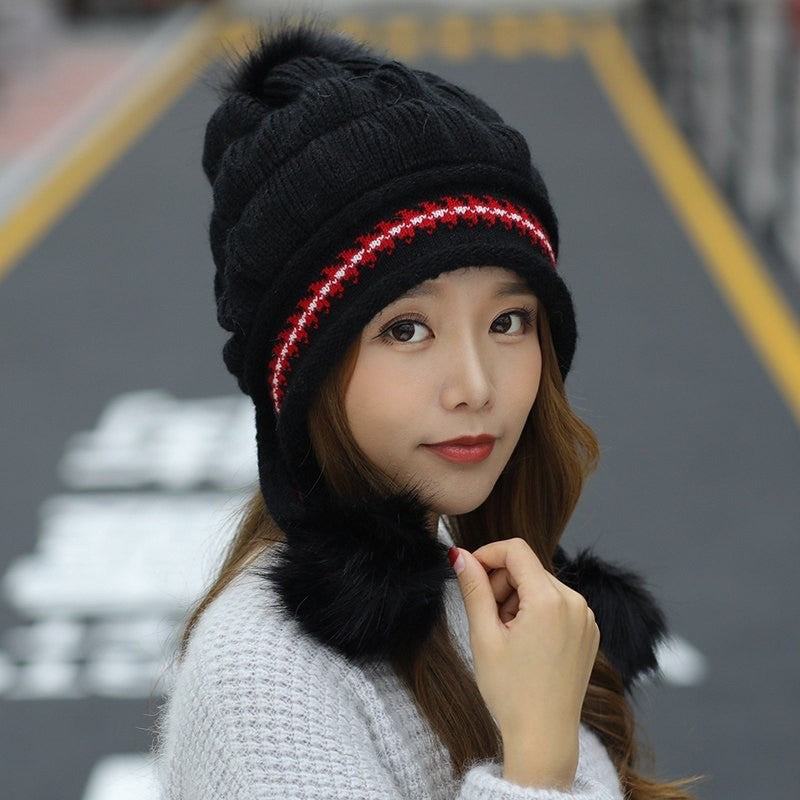 Knit Fleece-Feel Beanie with Ear Flaps & Pompom – Warm Winter Hat